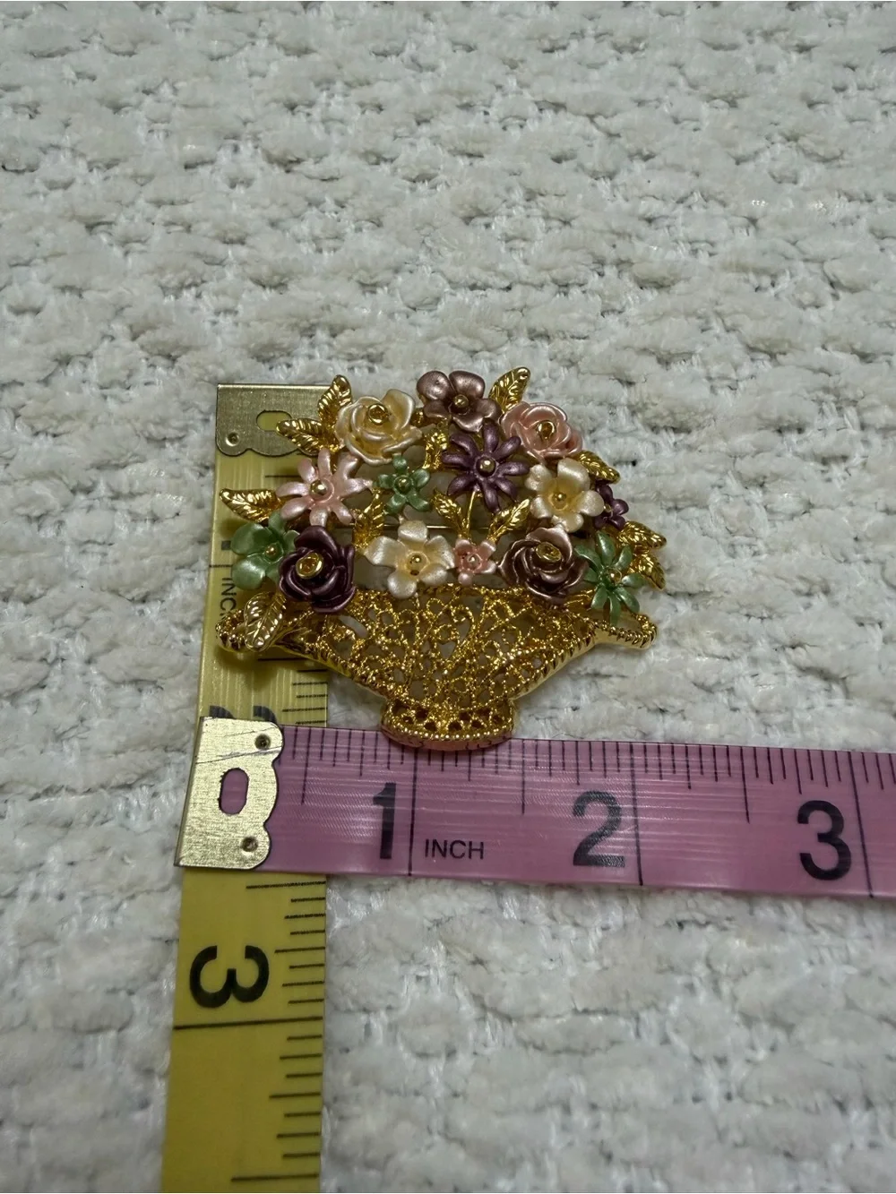 Vintage Flower Basket Brooch Pin Gold Toned
